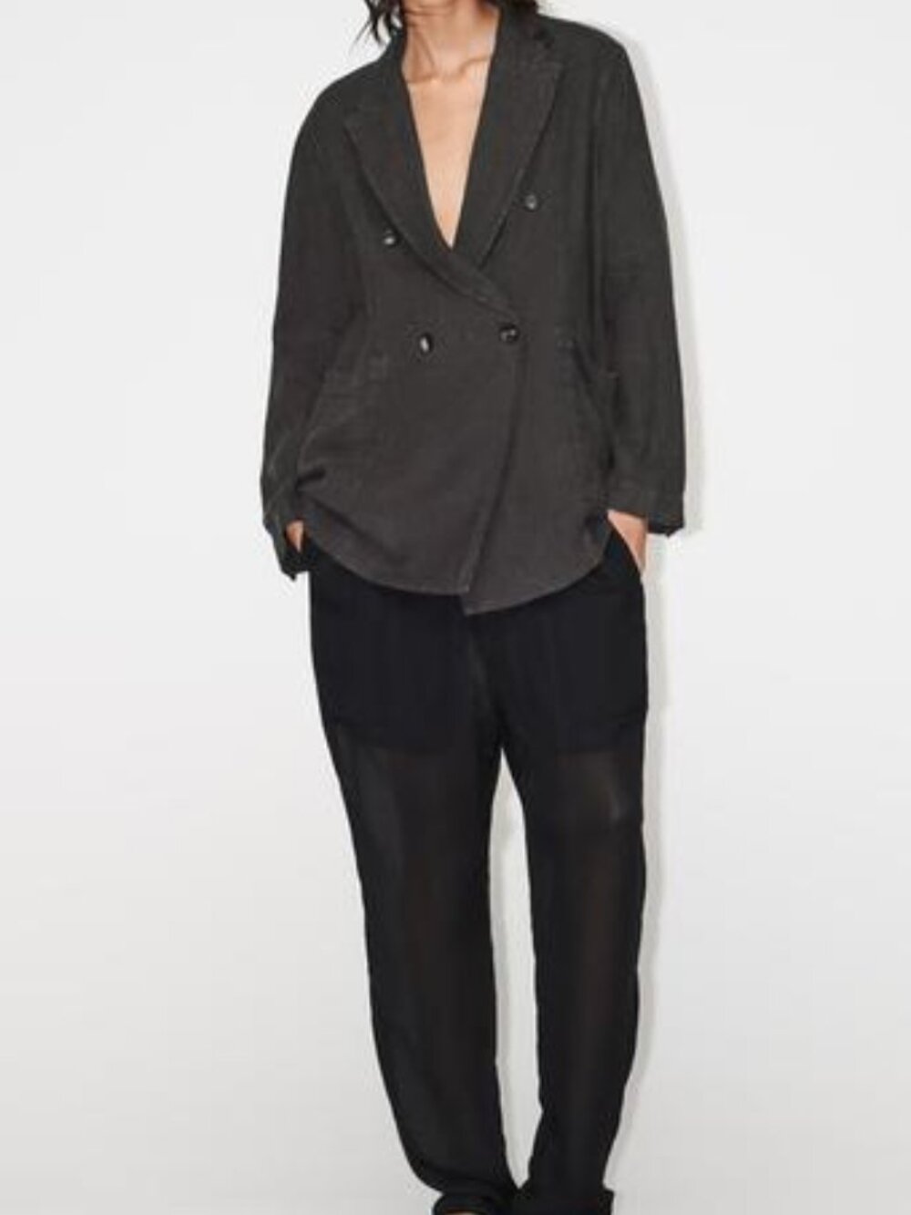 ZARA NWT 100% Linen Blazer Jacket Gray Double Breasted